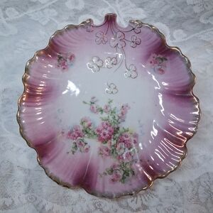 Antique MZ Austria Plate Porcelain Pink Roses Gilt Clovers Dish